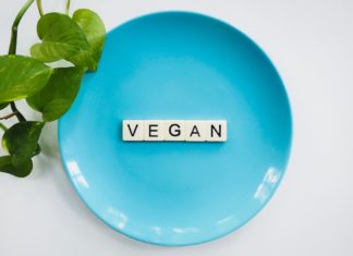 Vegan Diet Scrabble Tiles In Blue Ceramic Plate